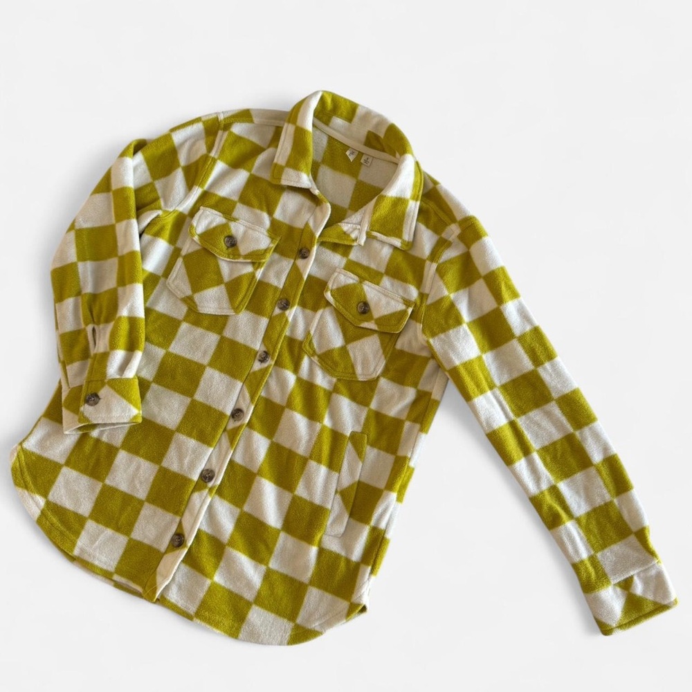 Green and White Checkered Button-Up Shirt